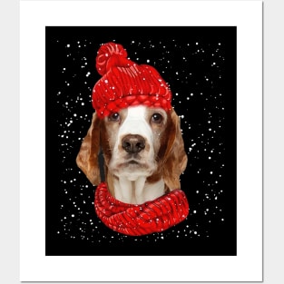 Welsh Springer Spaniel Wearing Red Hat And Scarf Christmas Posters and Art